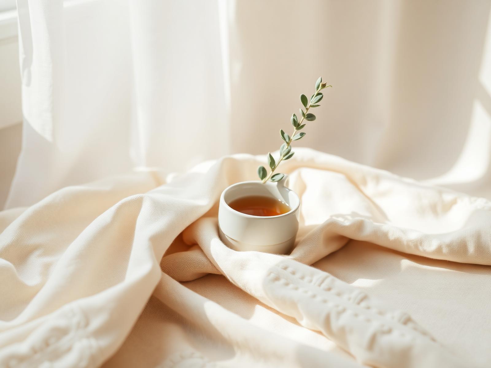 Soft morning light over linen, ceramic tea cup and eucalyptus